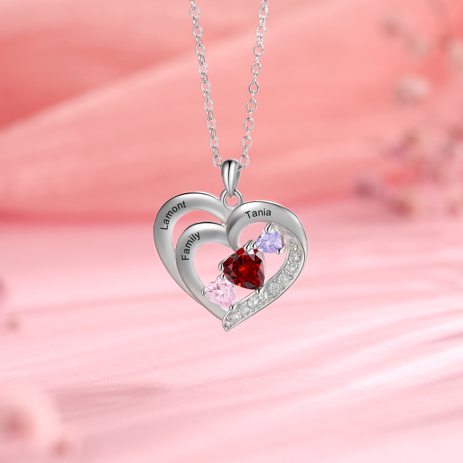 Personalised Heart Birthstone Necklace Custom 3 Names 3 Stones Intertwined Mother Necklace Gift for Her-Jessemade AU