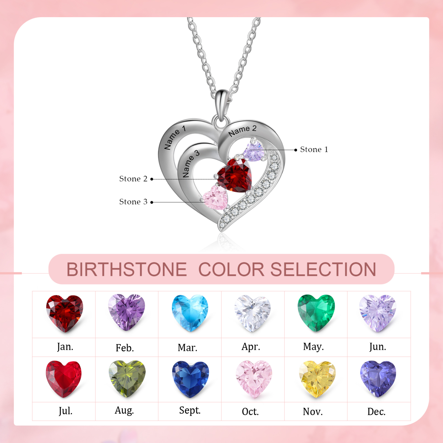 Personalised Heart Birthstone Necklace Custom 3 Names 3 Stones Intertwined Mother Necklace Gift for Her-Jessemade AU