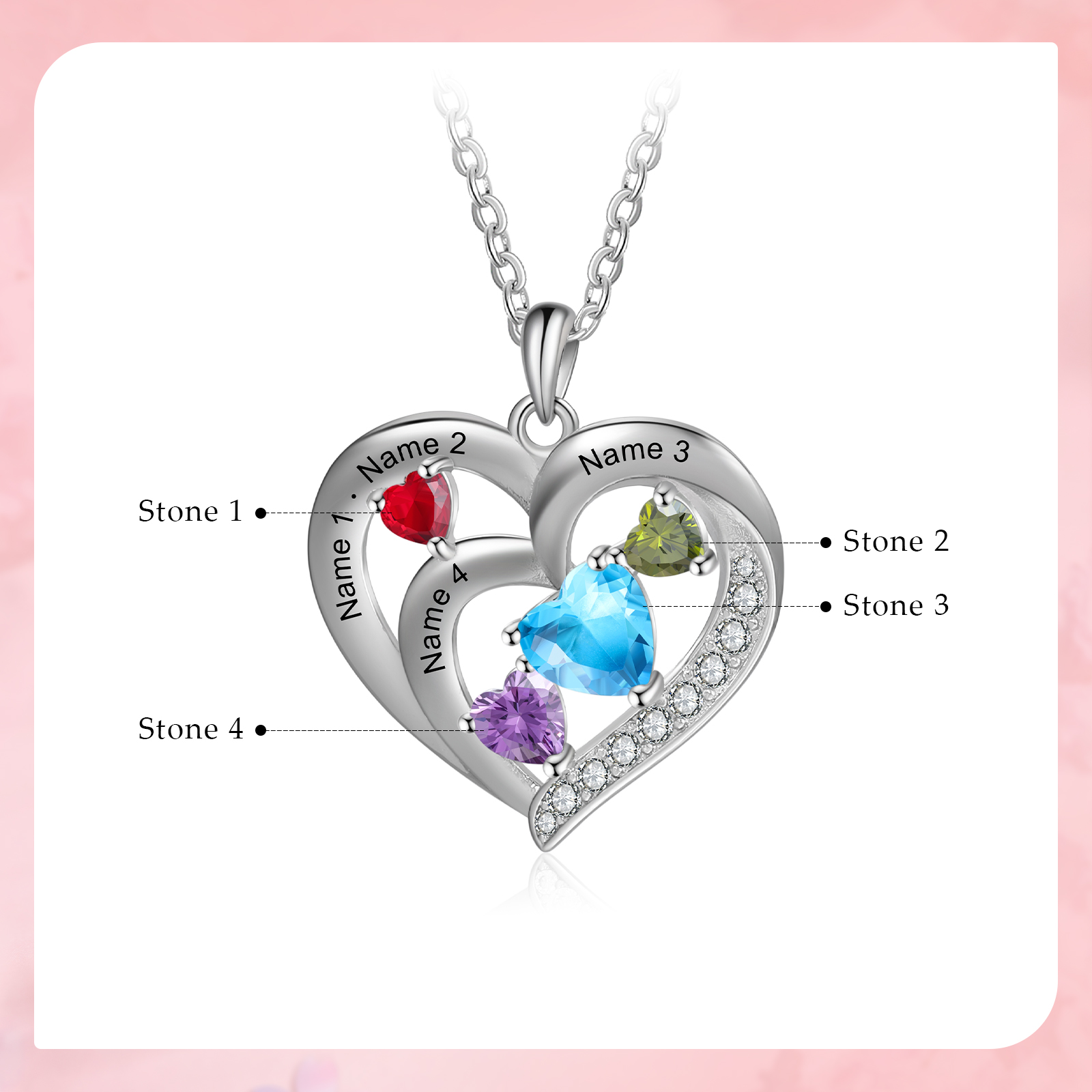 Personalised Heart Birthstone Necklace Custom 4 Names 4 Stones Intertwined Mother Necklace Gift for Her-Jessemade AU