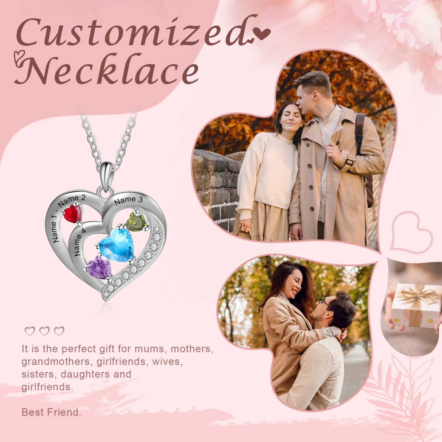 Personalised Heart Birthstone Necklace Custom 4 Names 4 Stones Intertwined Mother Necklace Gift for Her-Jessemade AU