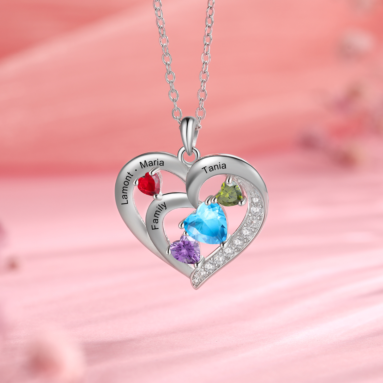 Personalised Heart Birthstone Necklace Custom 4 Names 4 Stones Intertwined Mother Necklace Gift for Her-Jessemade AU
