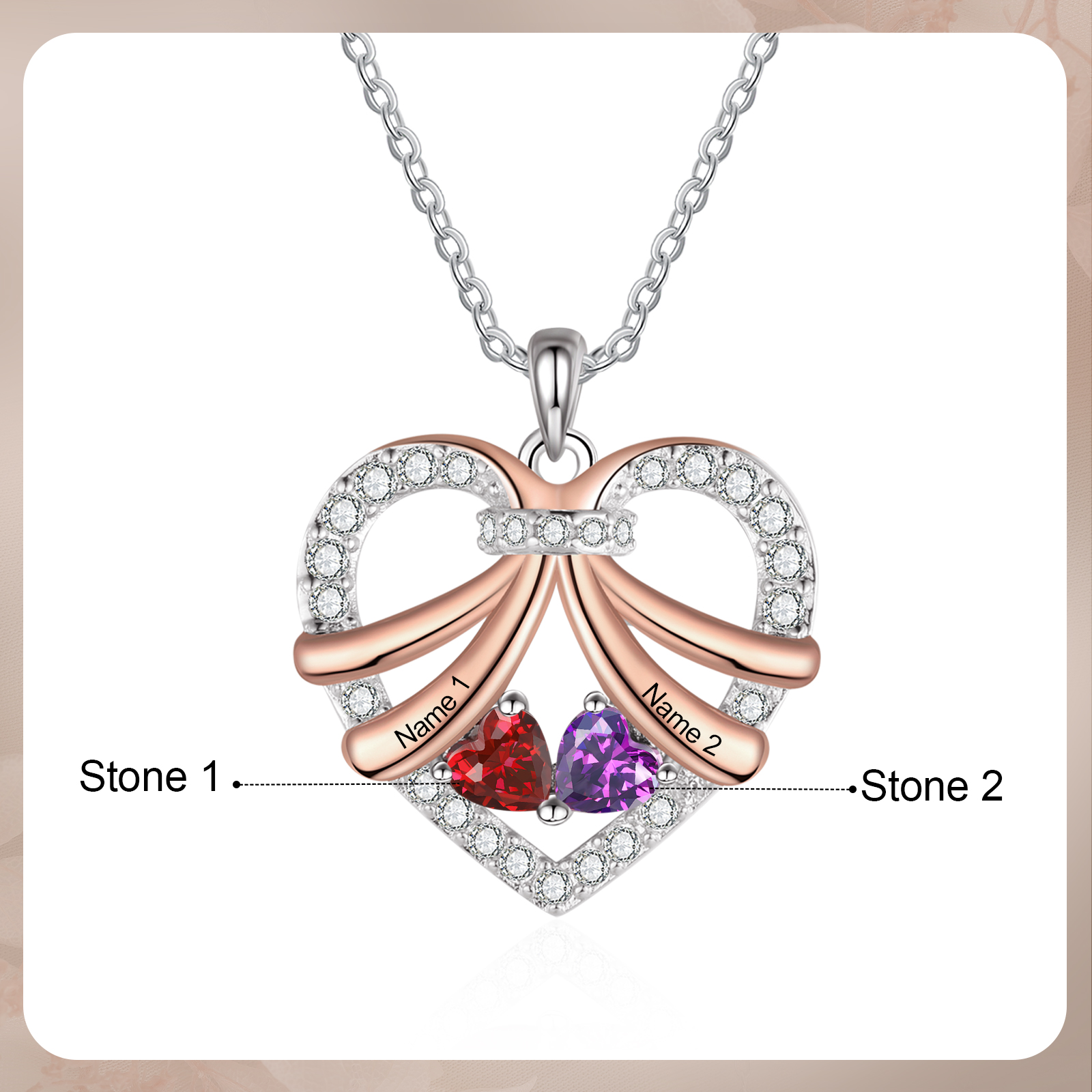 Personalised Heart Pendant Necklace Custom 2 Birthstones & 2 Names Women's Necklace Gift for Her-Jessemade AU