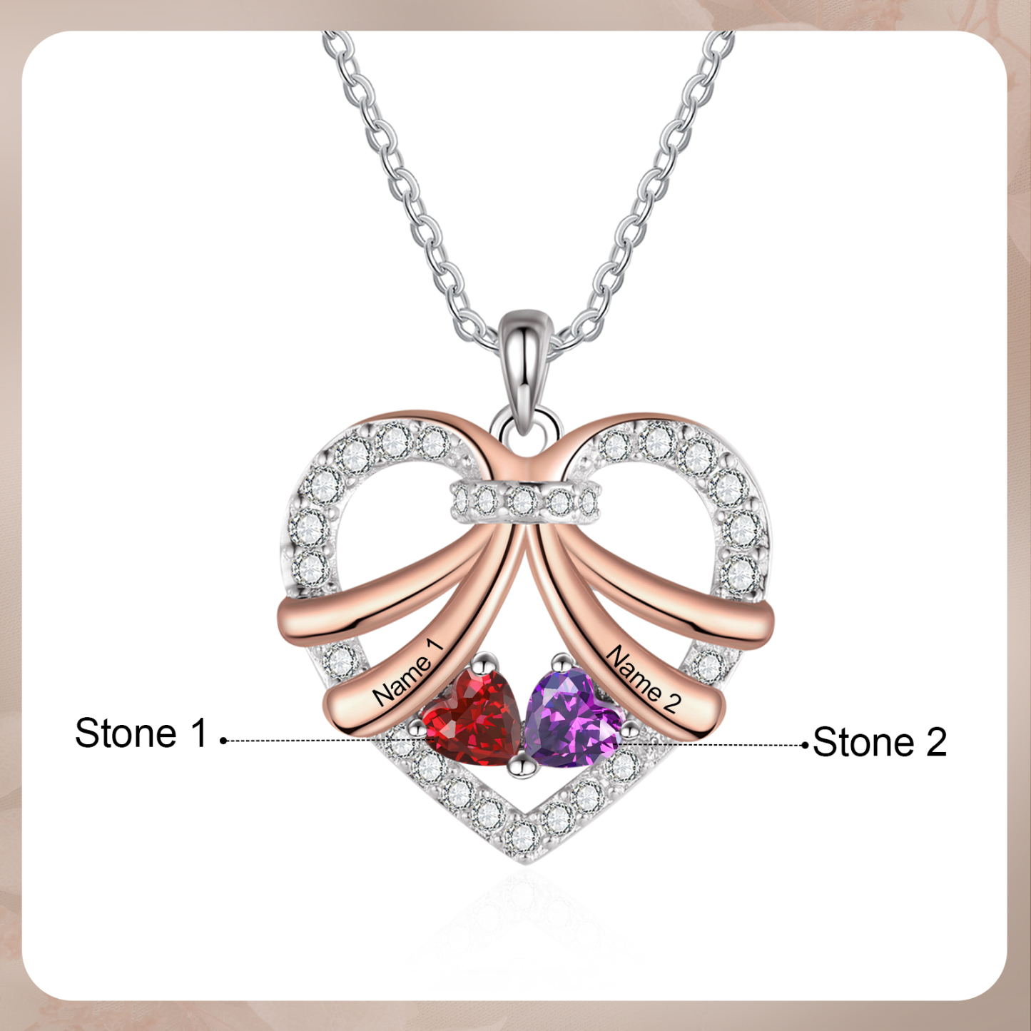 Personalised Heart Pendant Necklace Custom 2 Birthstones & 2 Names Women's Necklace Gift for Her-Jessemade AU