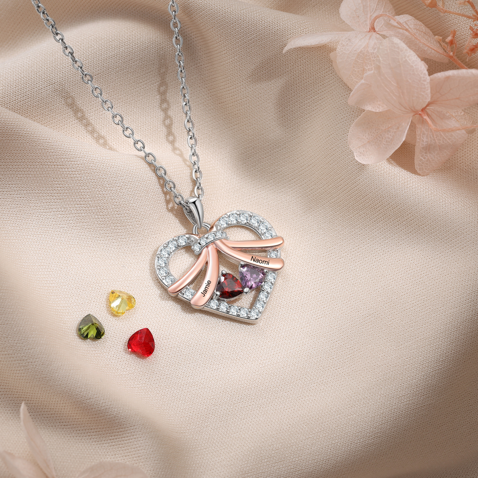 Personalised Heart Pendant Necklace Custom 2 Birthstones & 2 Names Women's Necklace Gift for Her-Jessemade AU