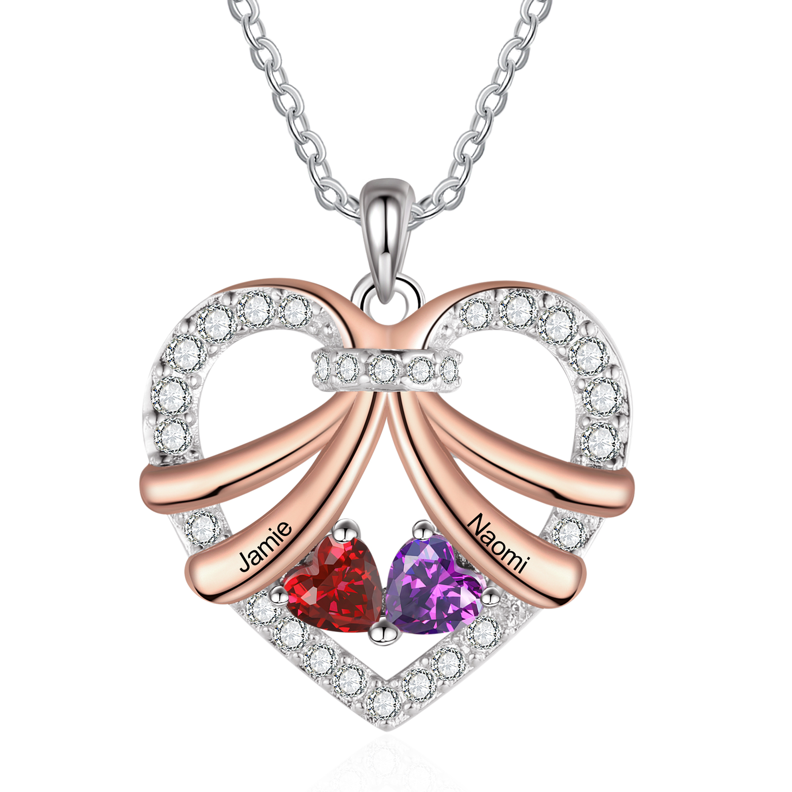 Personalised Heart Pendant Necklace Custom 2 Birthstones & 2 Names Women's Necklace Gift for Her