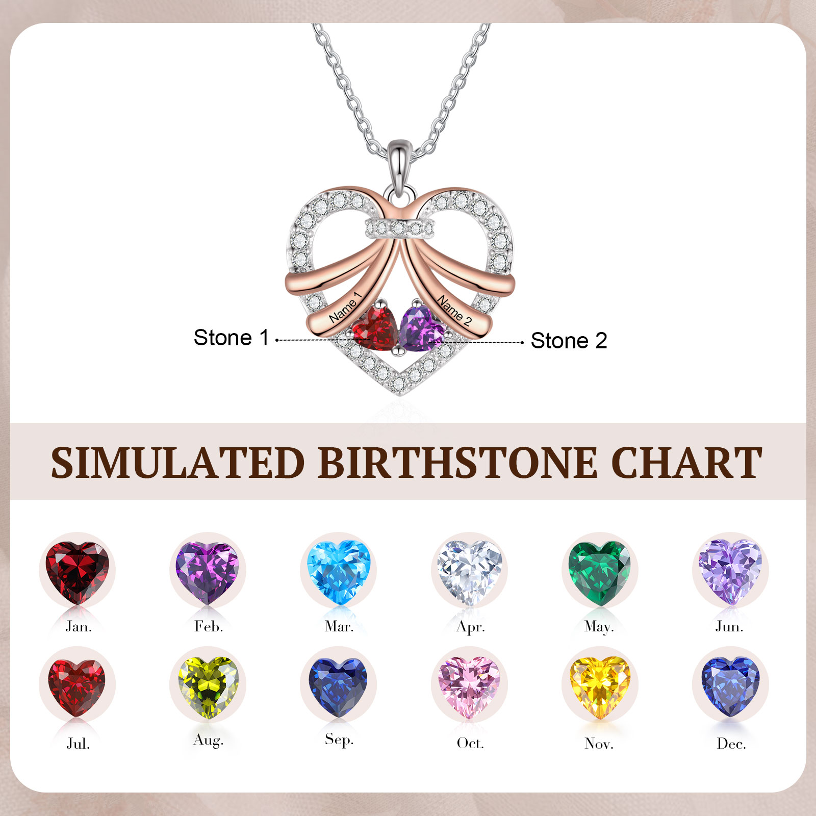 Personalised Heart Pendant Necklace Custom 2 Birthstones & 2 Names Women's Necklace Gift for Her-Jessemade AU