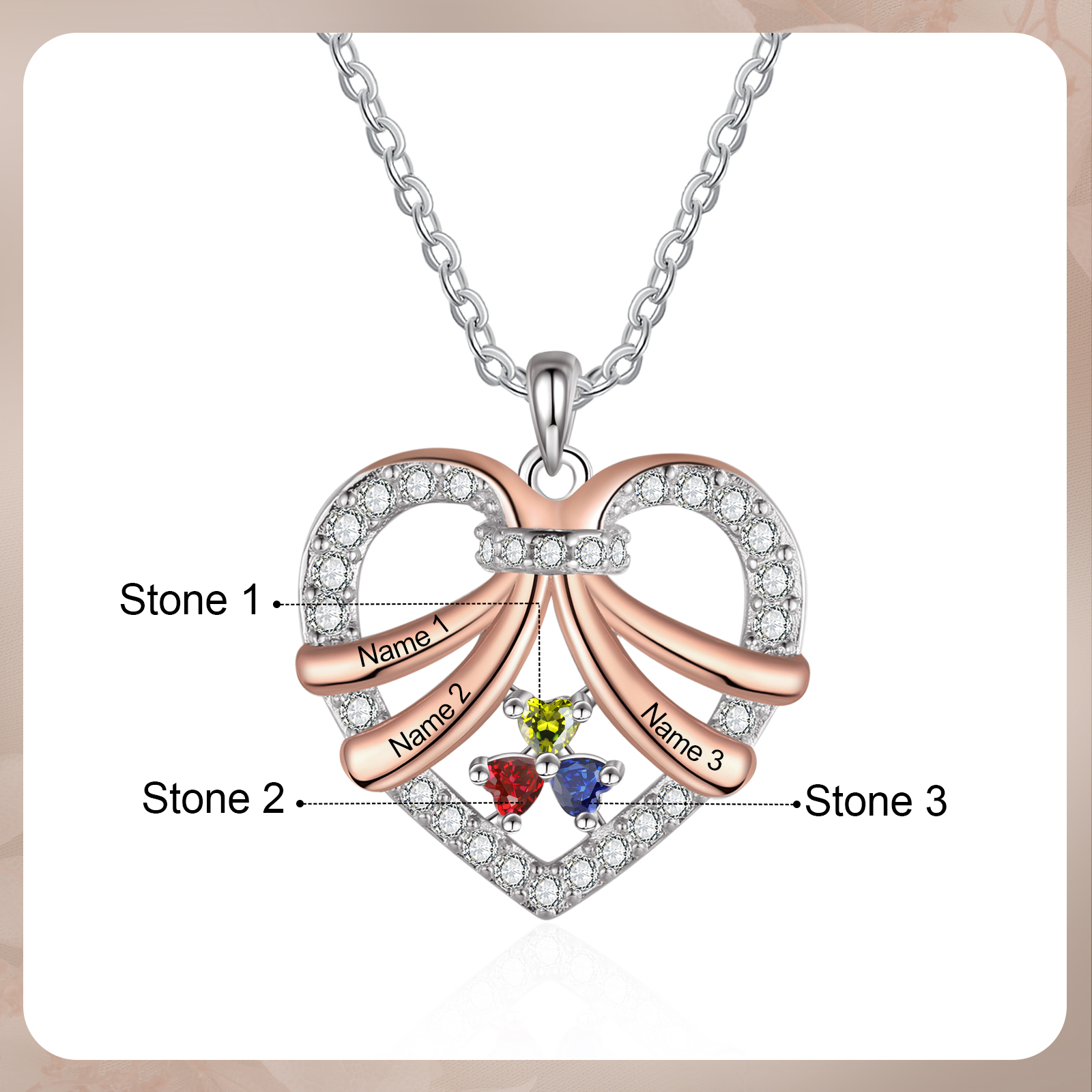 Personalised Heart Pendant Necklace Custom 3 Birthstones & 3 Names Women's Necklace Gift for Her-Jessemade AU