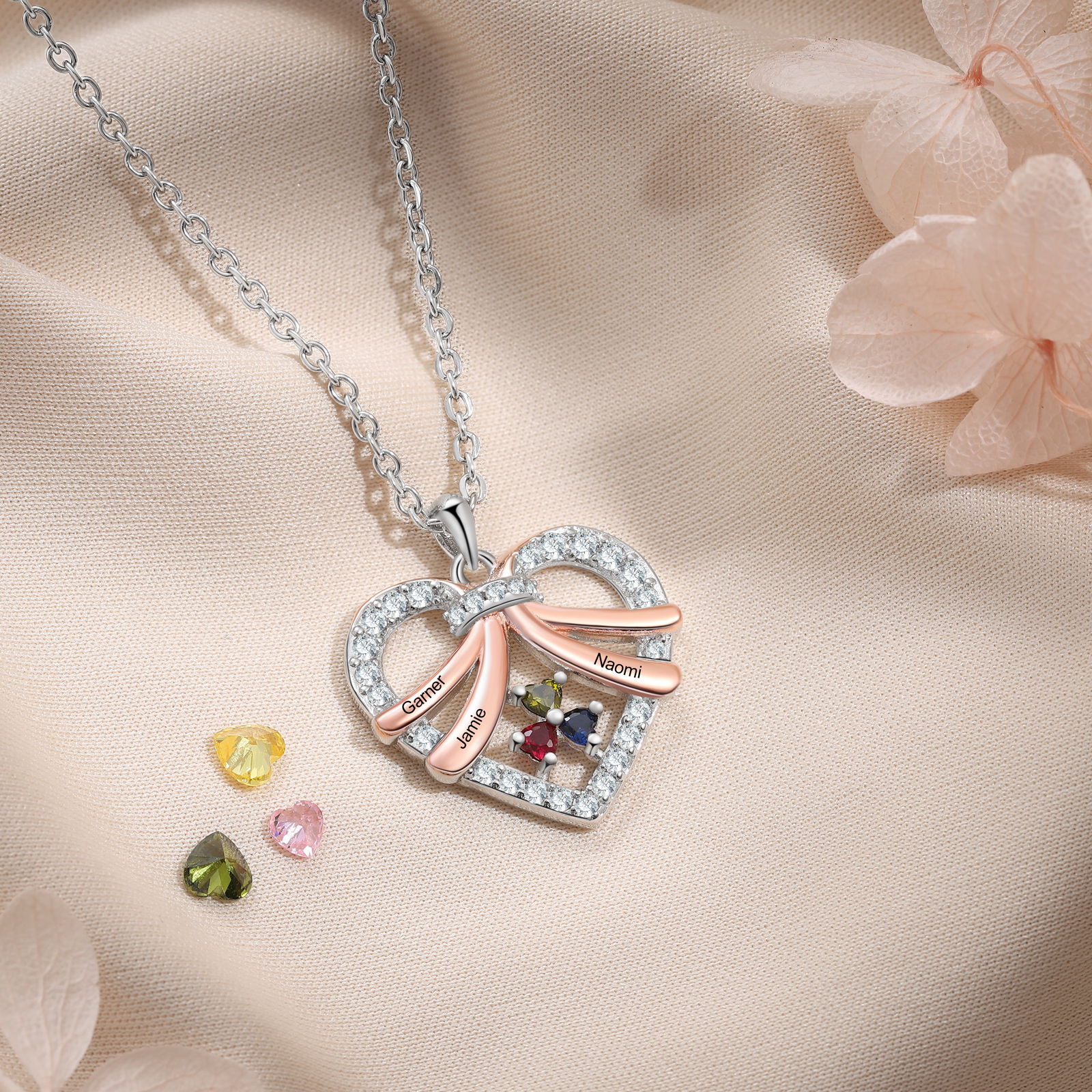Personalised Heart Pendant Necklace Custom 3 Birthstones & 3 Names Women's Necklace Gift for Her-Jessemade AU