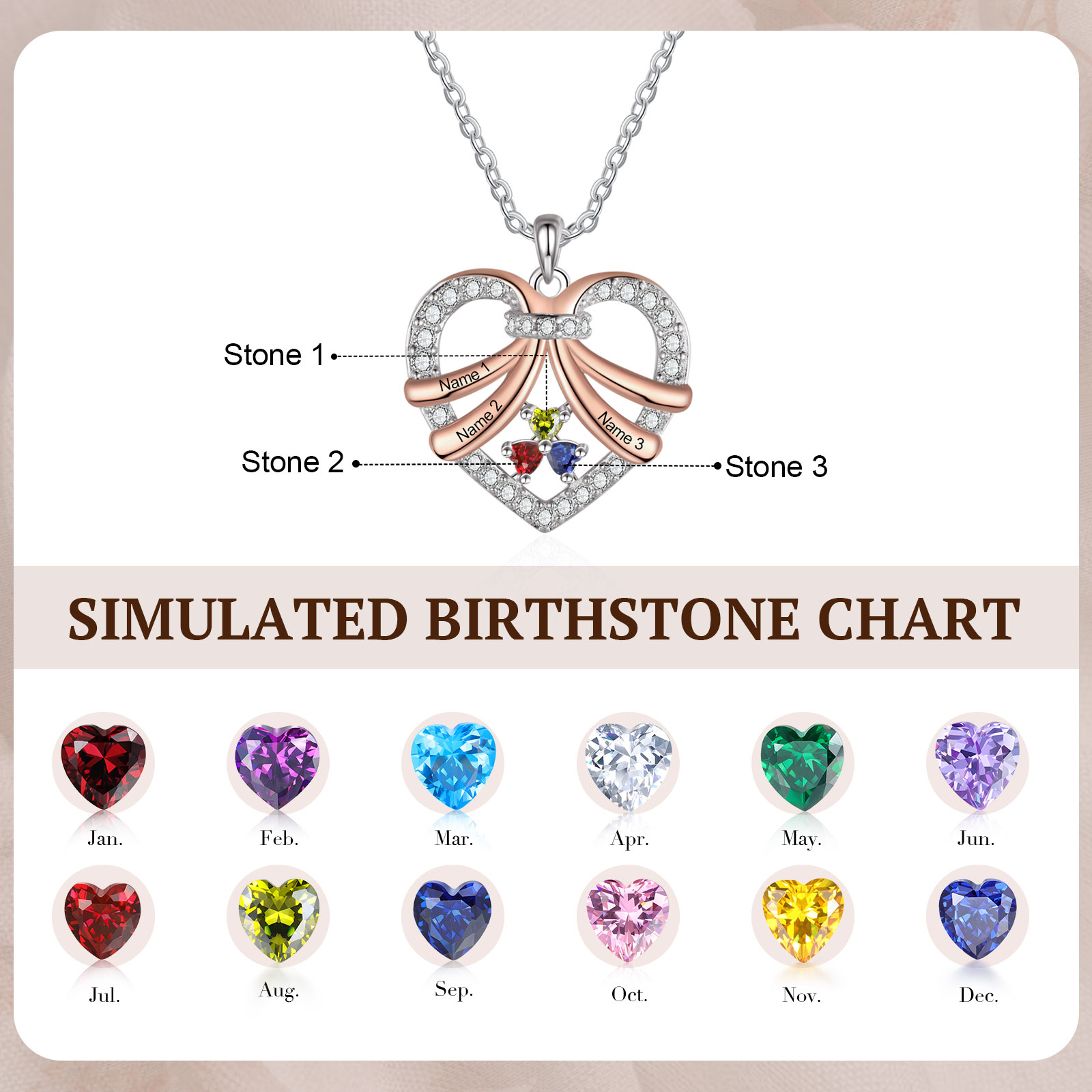 Personalised Heart Pendant Necklace Custom 3 Birthstones & 3 Names Women's Necklace Gift for Her-Jessemade AU