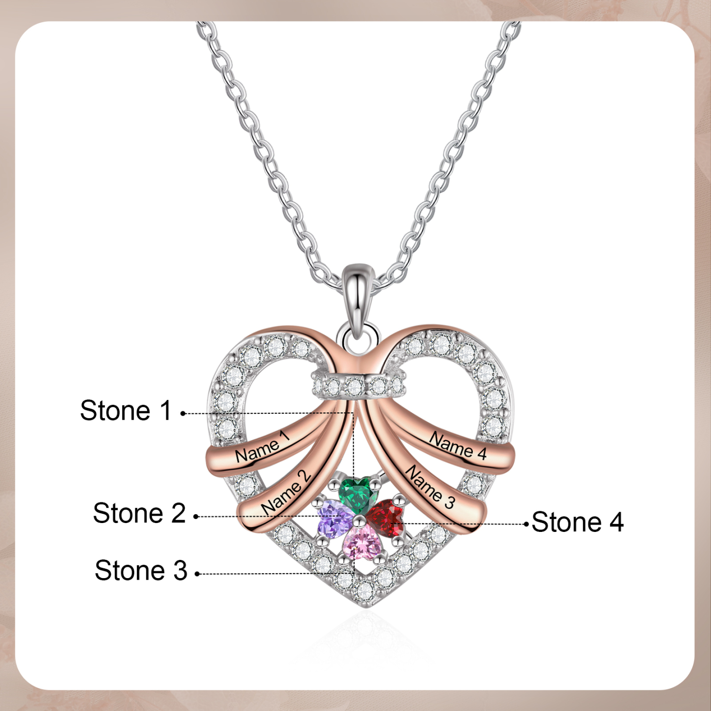 Personalised Heart Pendant Necklace Custom 4 Birthstones & 4 Names Women's Necklace Gift for Her-Jessemade AU