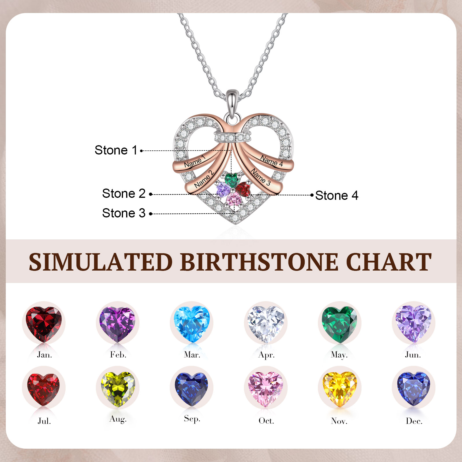 Personalised Heart Pendant Necklace Custom 4 Birthstones & 4 Names Women's Necklace Gift for Her-Jessemade AU