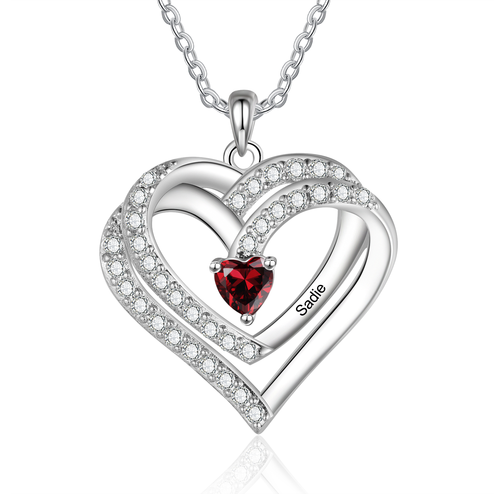 S925 Love Heart Personalised Birthstone and Name Necklace Custom 1 to 4 Names and Birthstones Double Heart Necklace Gift for Her