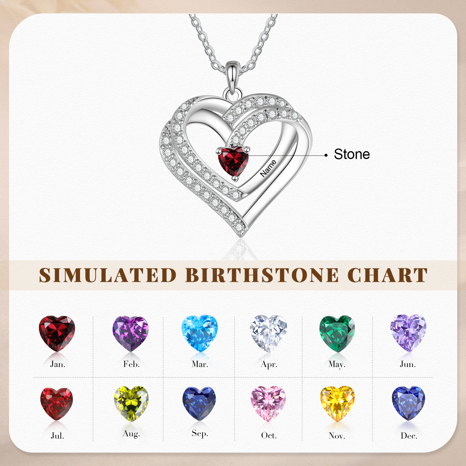 S925 Love Heart Personalised Birthstone and Name Necklace Custom 1 to 4 Names and Birthstones Double Heart Necklace Gift for Her