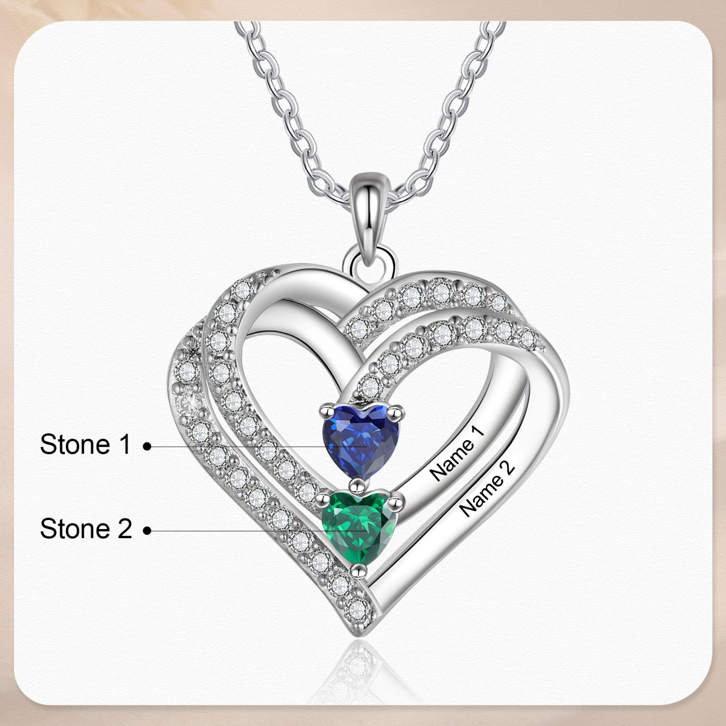 S925 Love Heart Personalised Birthstone and Name Necklace Custom 1 to 4 Names and Birthstones Double Heart Necklace Gift for Her