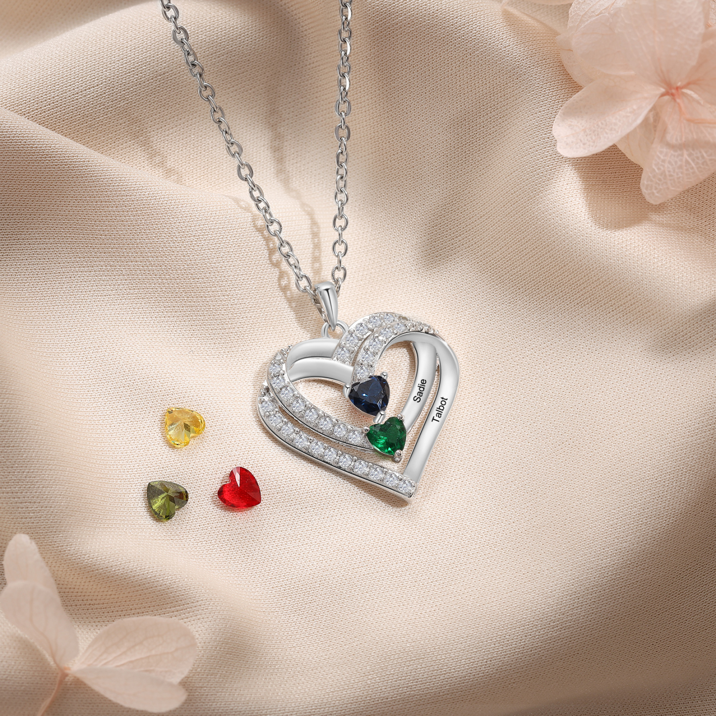 S925 Love Heart Personalised Birthstone and Name Necklace Custom 1 to 4 Names and Birthstones Double Heart Necklace Gift for Her
