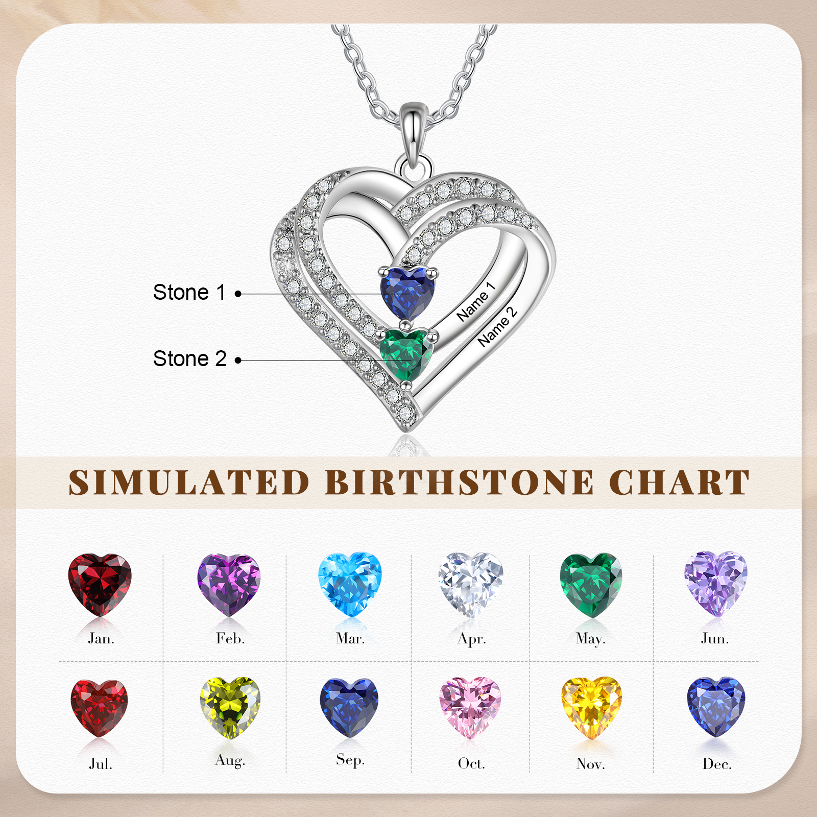 S925 Love Heart Personalised Birthstone and Name Necklace Custom 1 to 4 Names and Birthstones Double Heart Necklace Gift for Her