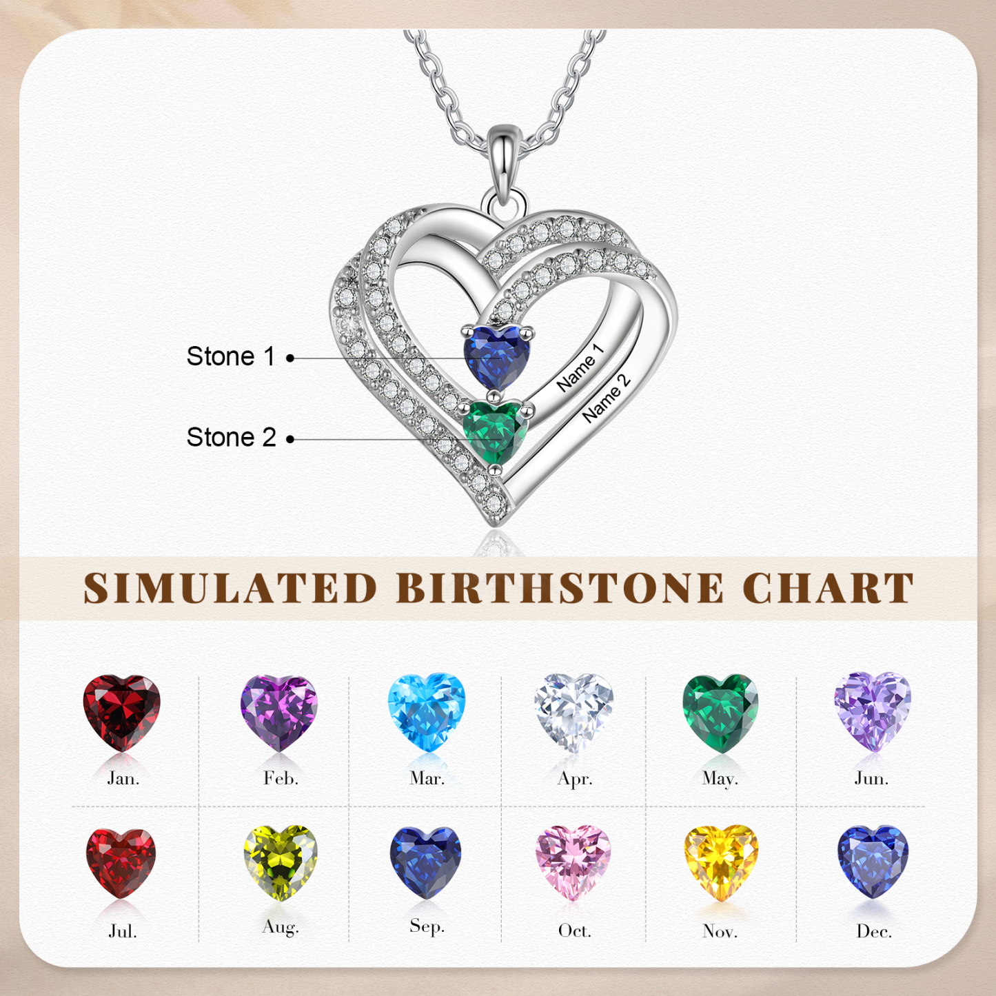 S925 Love Heart Personalised Birthstone and Name Necklace Custom 1 to 4 Names and Birthstones Double Heart Necklace Gift for Her
