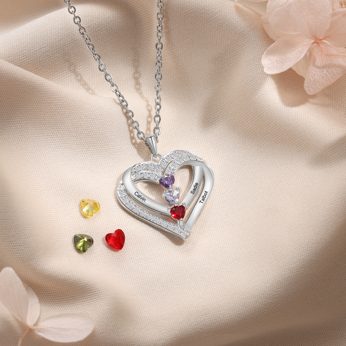 S925 Love Heart Personalised Birthstone and Name Necklace Custom 1 to 4 Names and Birthstones Double Heart Necklace Gift for Her