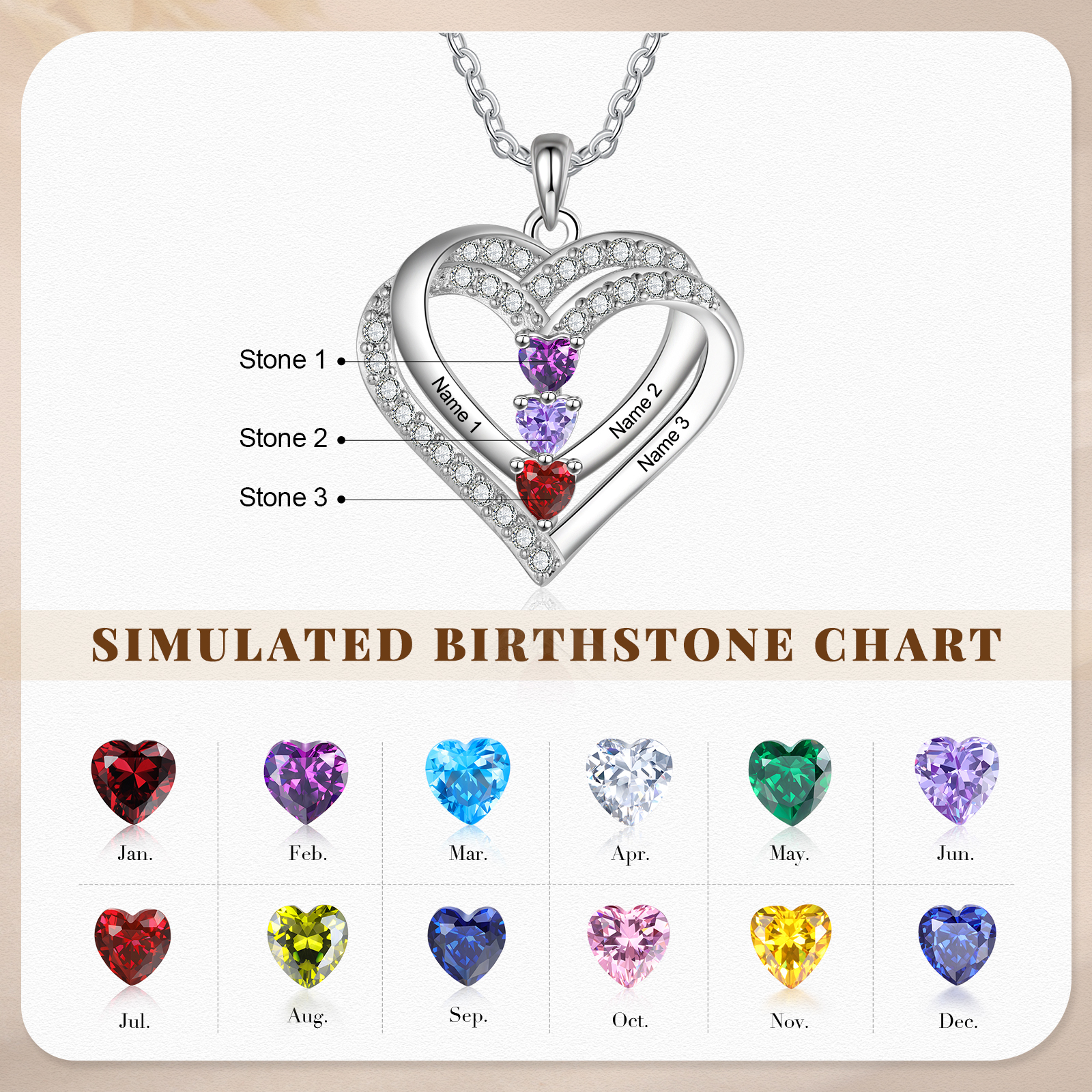 Personalised Interwoven Love Necklace Custom 3 Birthstones & 3 Names Women's Necklace Gift for Her-Jessemade AU