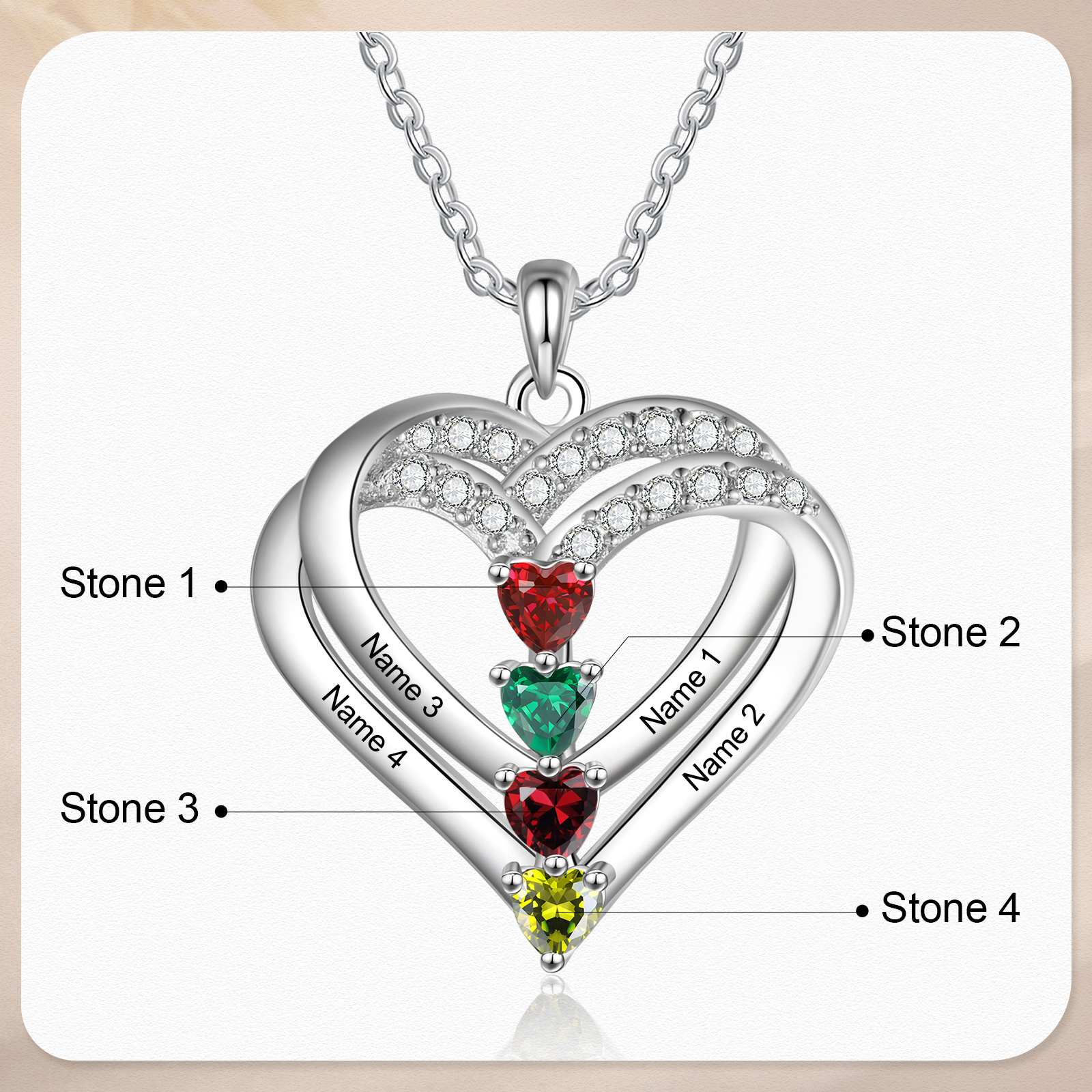 S925 Love Heart Personalised Birthstone and Name Necklace Custom 1 to 4 Names and Birthstones Double Heart Necklace Gift for Her