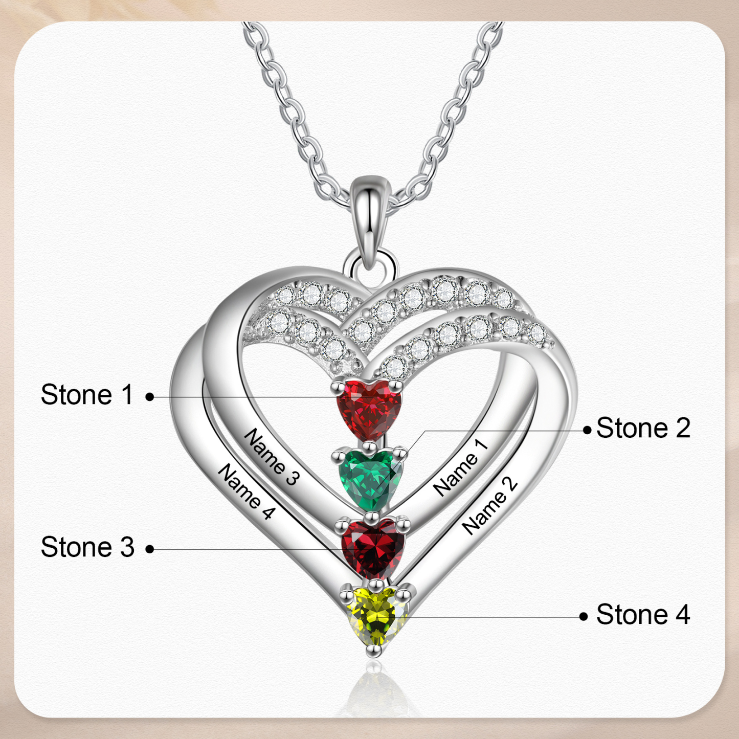 S925 Love Heart Personalised Birthstone and Name Necklace Custom 1 to 4 Names and Birthstones Double Heart Necklace Gift for Her