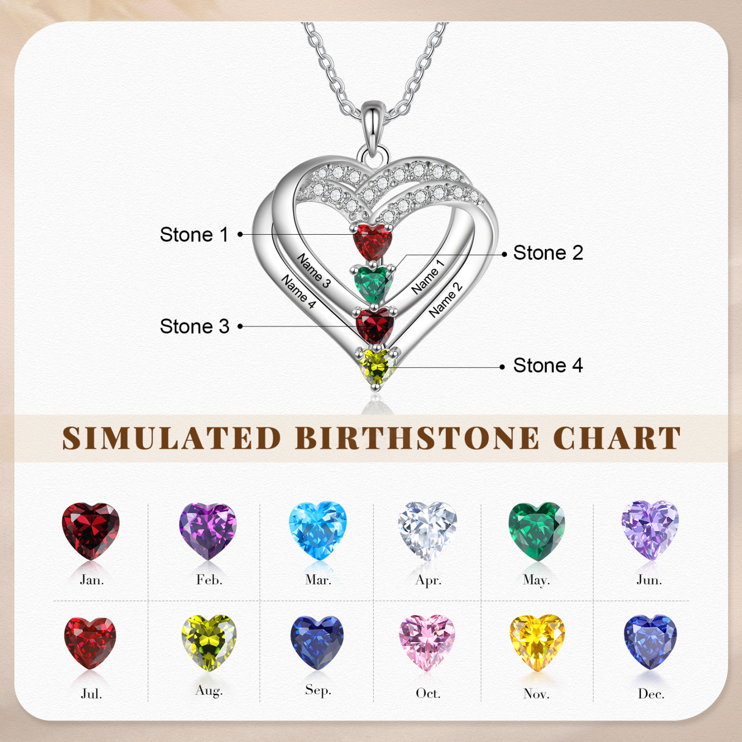S925 Love Heart Personalised Birthstone and Name Necklace Custom 1 to 4 Names and Birthstones Double Heart Necklace Gift for Her