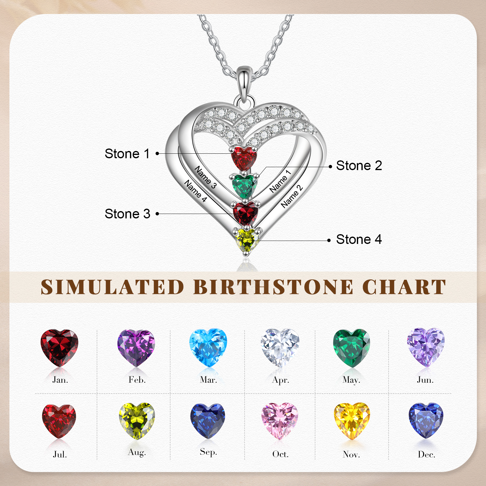 S925 Love Heart Personalised Birthstone and Name Necklace Custom 1 to 4 Names and Birthstones Double Heart Necklace Gift for Her