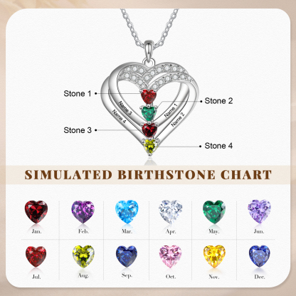 S925 Love Heart Personalised Birthstone and Name Necklace Custom 1 to 4 Names and Birthstones Double Heart Necklace Gift for Her