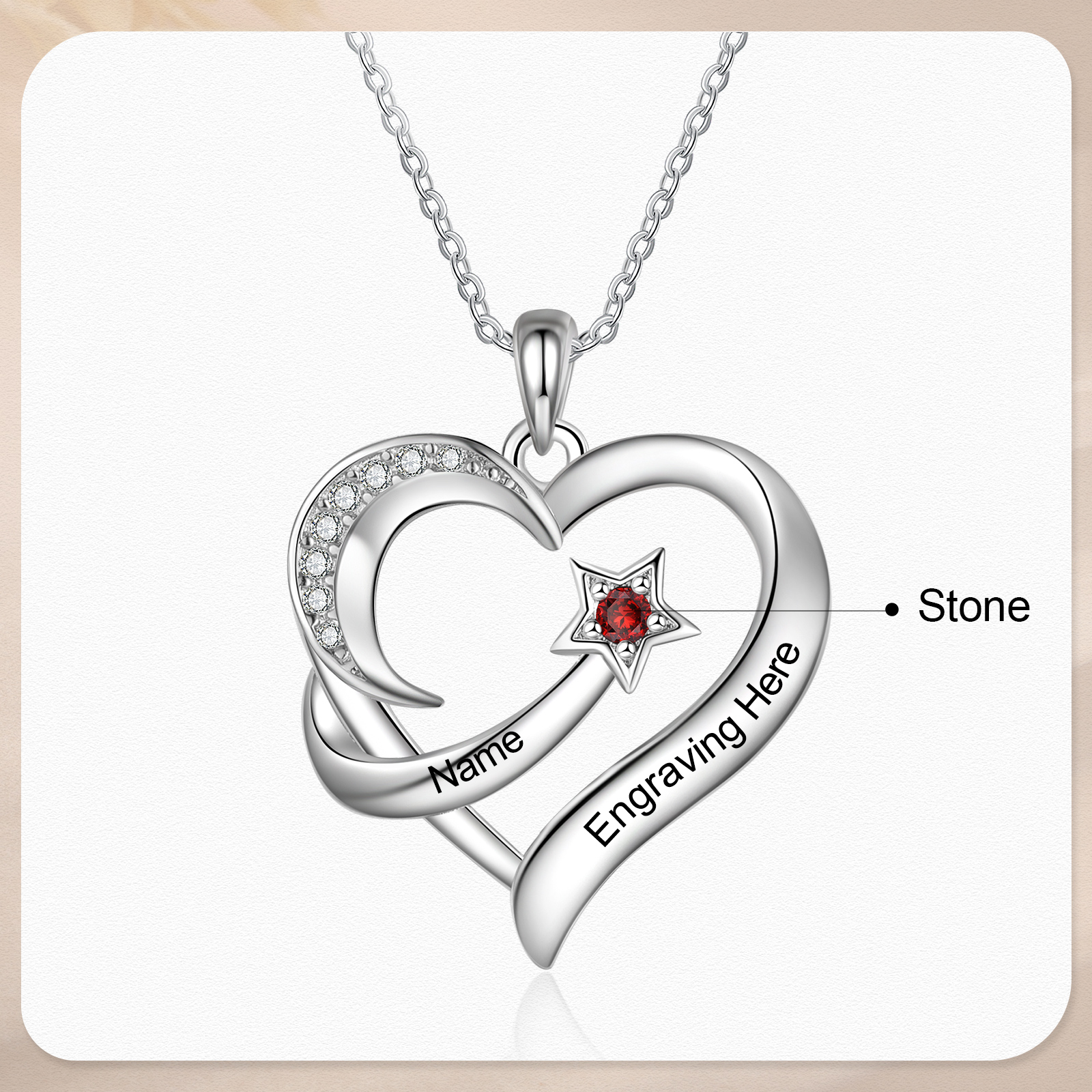 Personalised Moon Star Heart Women's Necklace Custom Birthstone & Name & Text Gift for Her-Jessemade AU