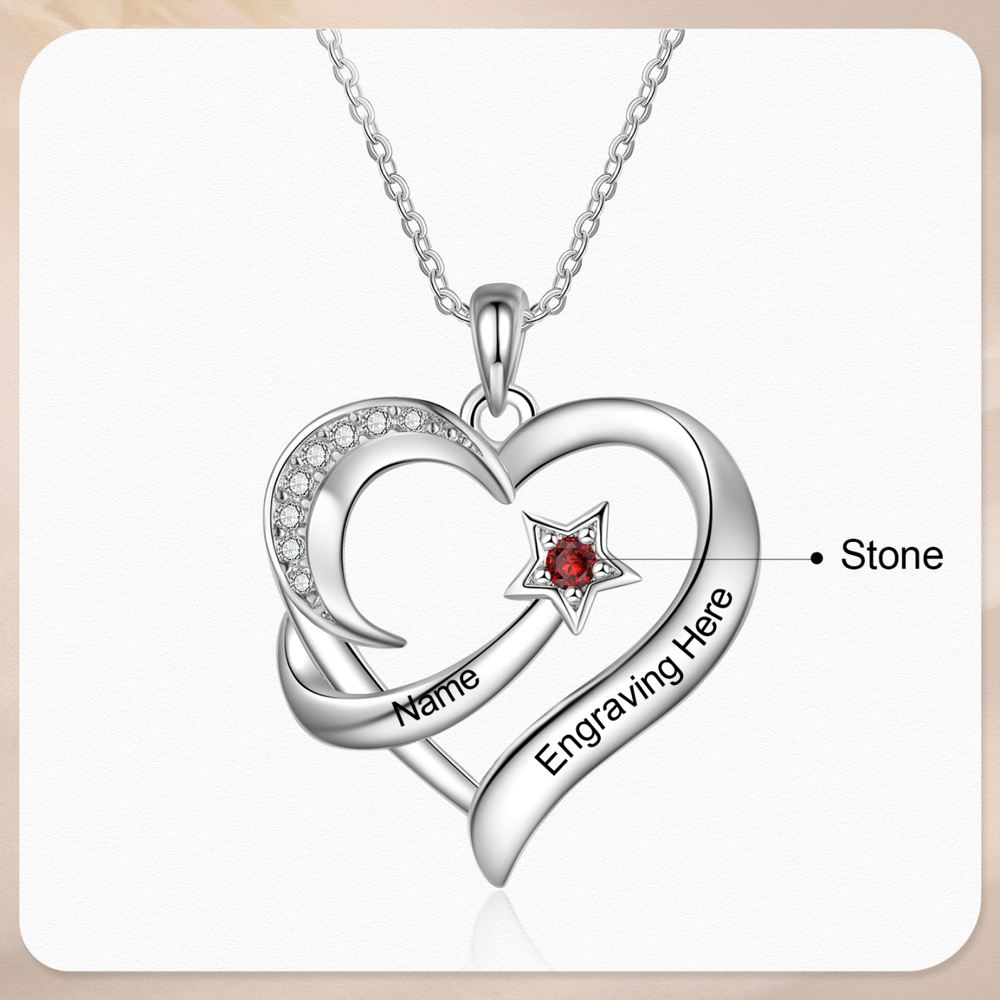Personalised Moon Star Heart Women's Necklace Custom Birthstone & Name & Text Gift for Her-Jessemade AU