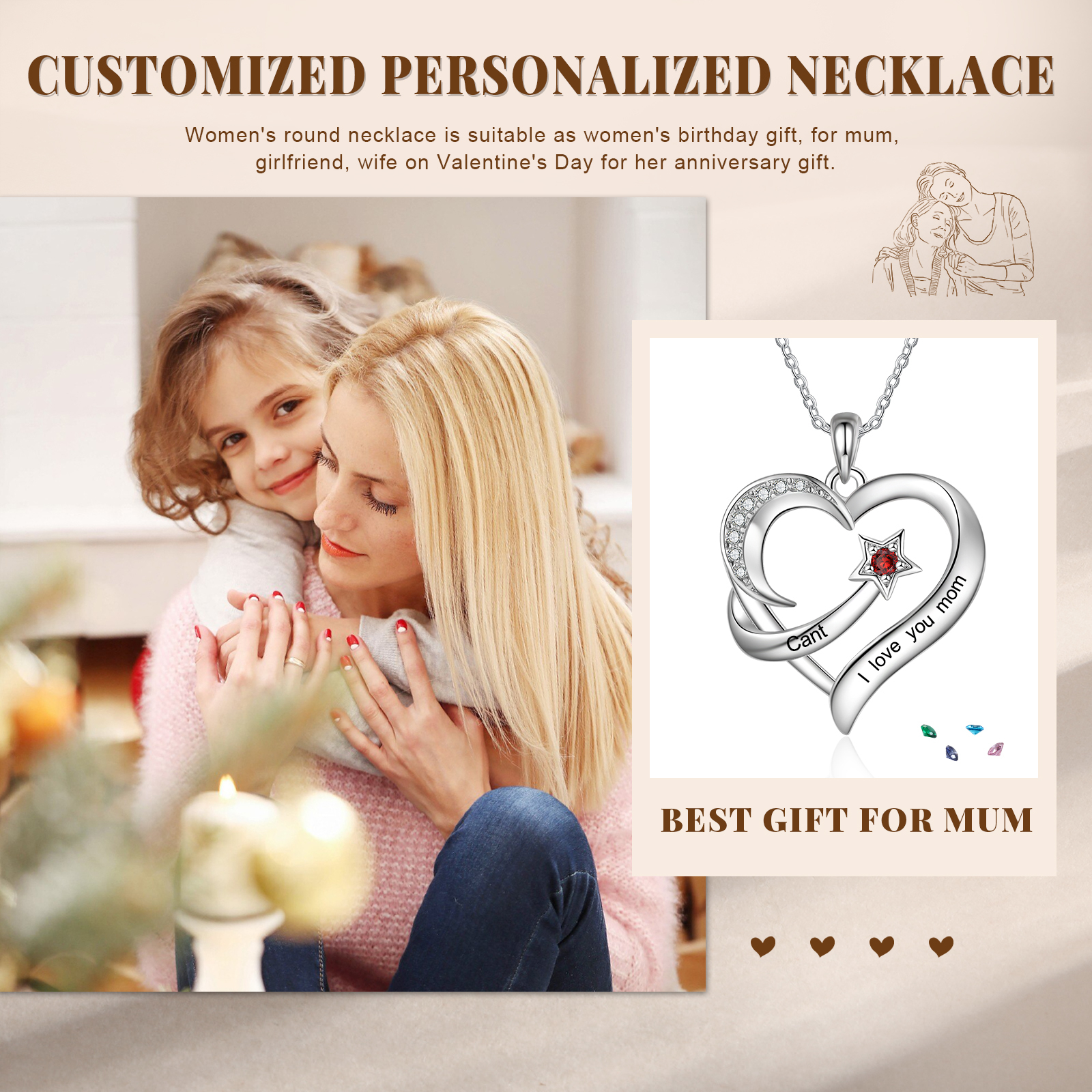 Personalised Moon Star Heart Women's Necklace Custom Birthstone & Name & Text Gift for Her-Jessemade AU