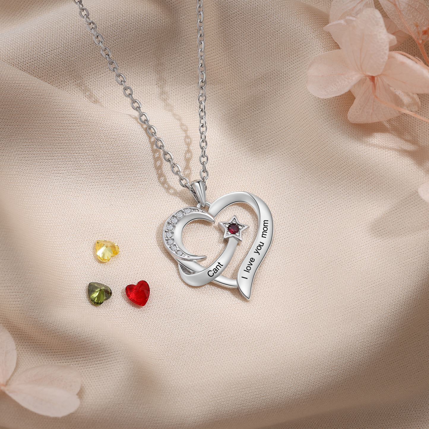 Personalised Moon Star Heart Women's Necklace Custom Birthstone & Name & Text Gift for Her-Jessemade AU