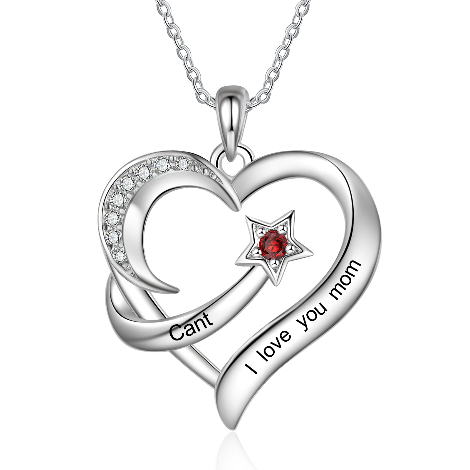 Personalised Moon Star Heart Women's Necklace Custom Birthstone & Name & Text Gift for Her