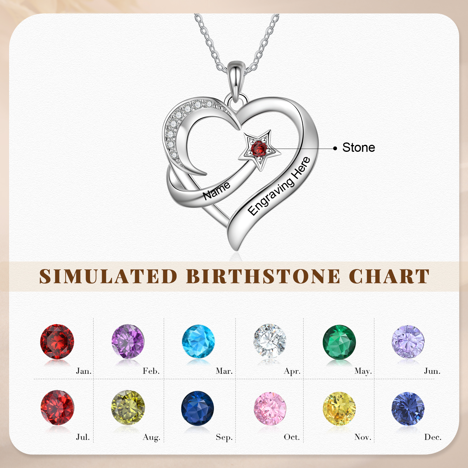 Personalised Moon Star Heart Women's Necklace Custom Birthstone & Name & Text Gift for Her-Jessemade AU