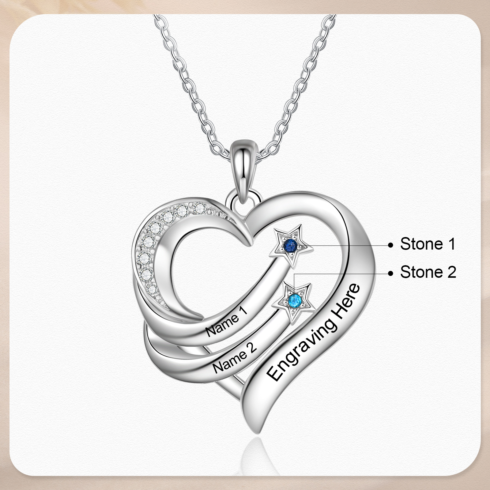 Personalised Moon Star Heart Women's Necklace Custom 2 Birthstones & 2 Names & 1 Text Gift for Her-Jessemade AU