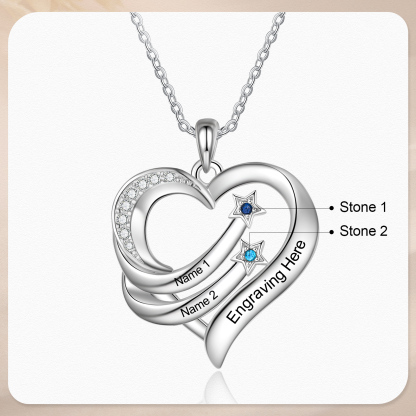 Personalised Moon Star Heart Women's Necklace Custom 2 Birthstones & 2 Names & 1 Text Gift for Her-Jessemade AU