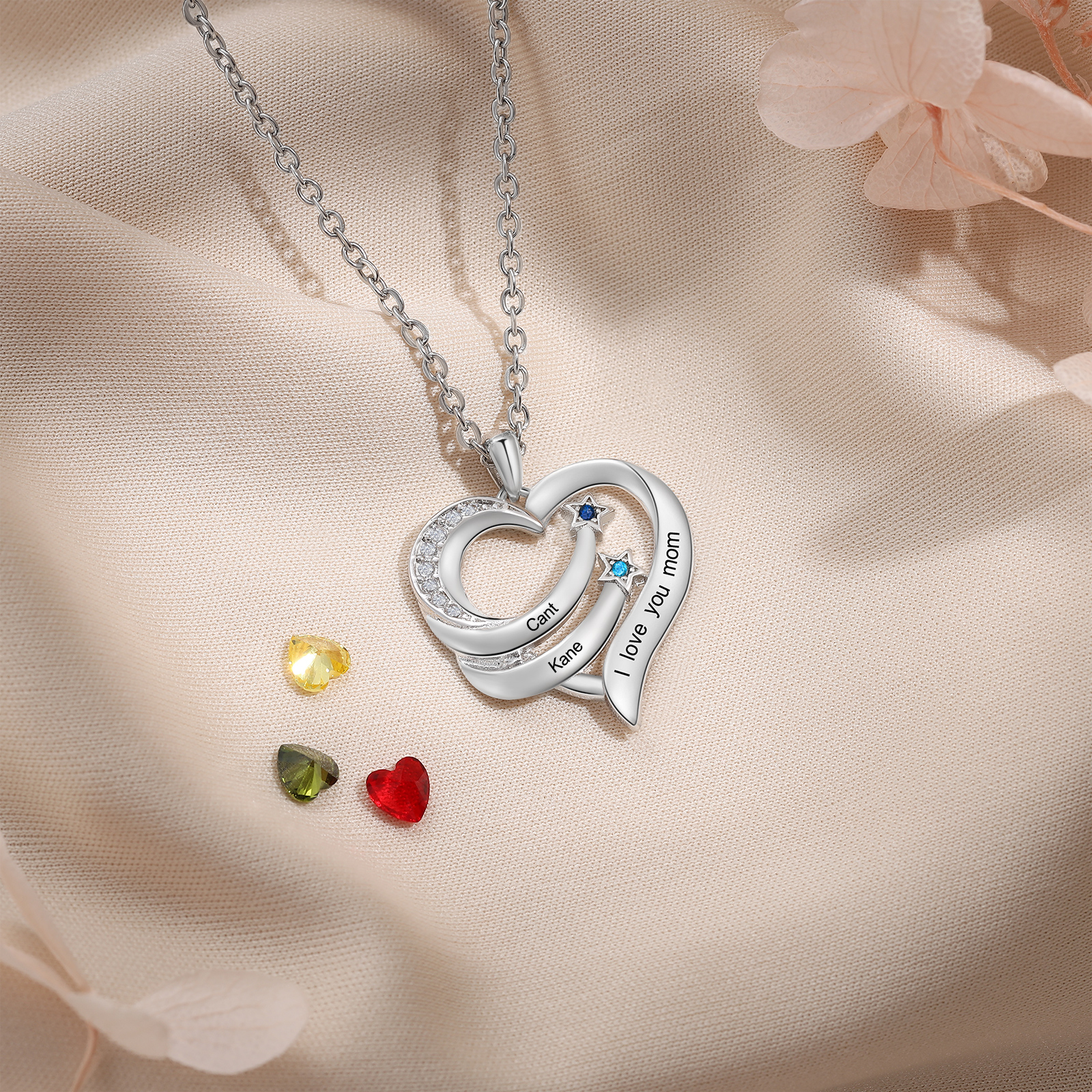 Personalised Moon Star Heart Women's Necklace Custom 2 Birthstones & 2 Names & 1 Text Gift for Her-Jessemade AU