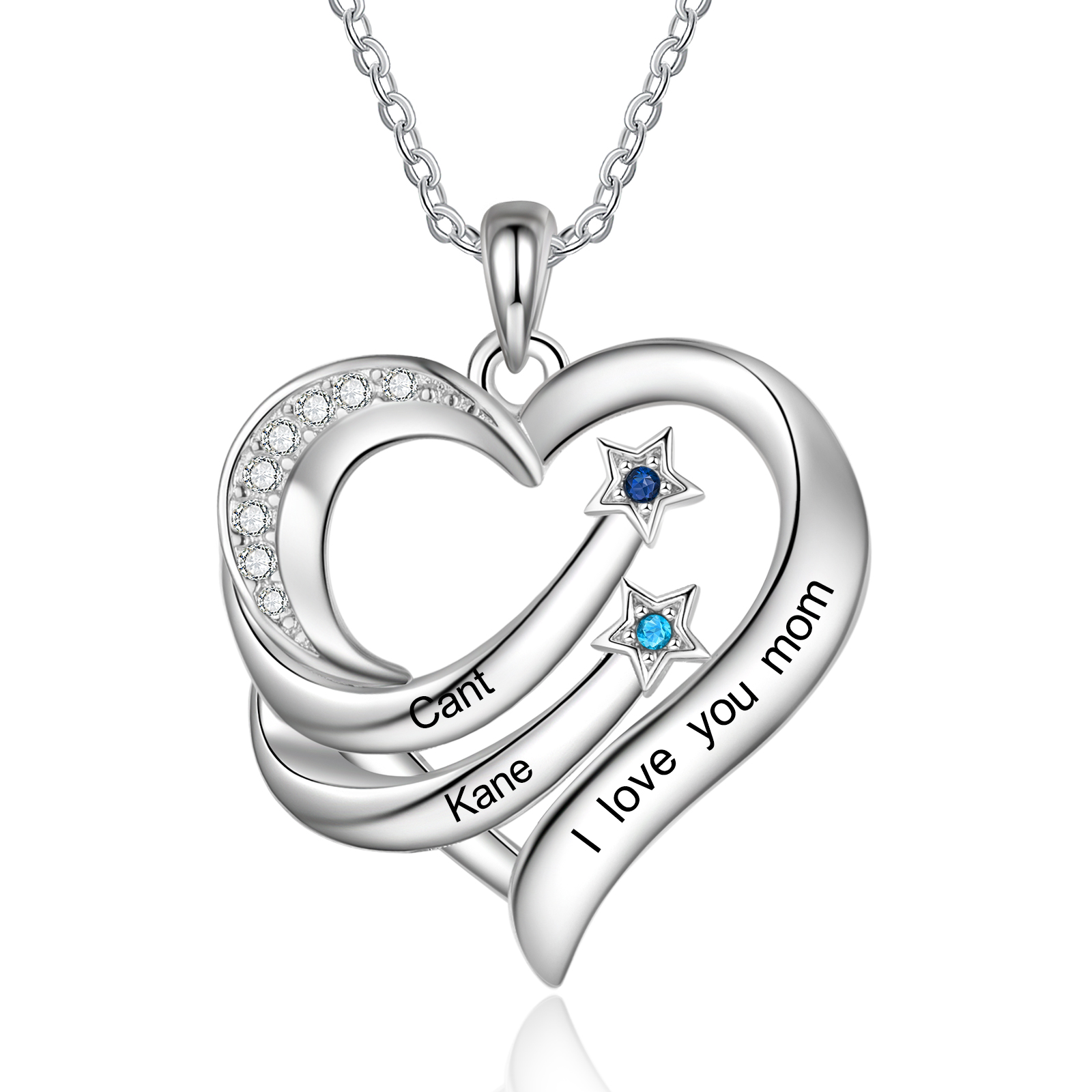 Personalised Moon Star Heart Women's Necklace Custom 2 Birthstones & 2 Names & 1 Text Gift for Her-Jessemade AU