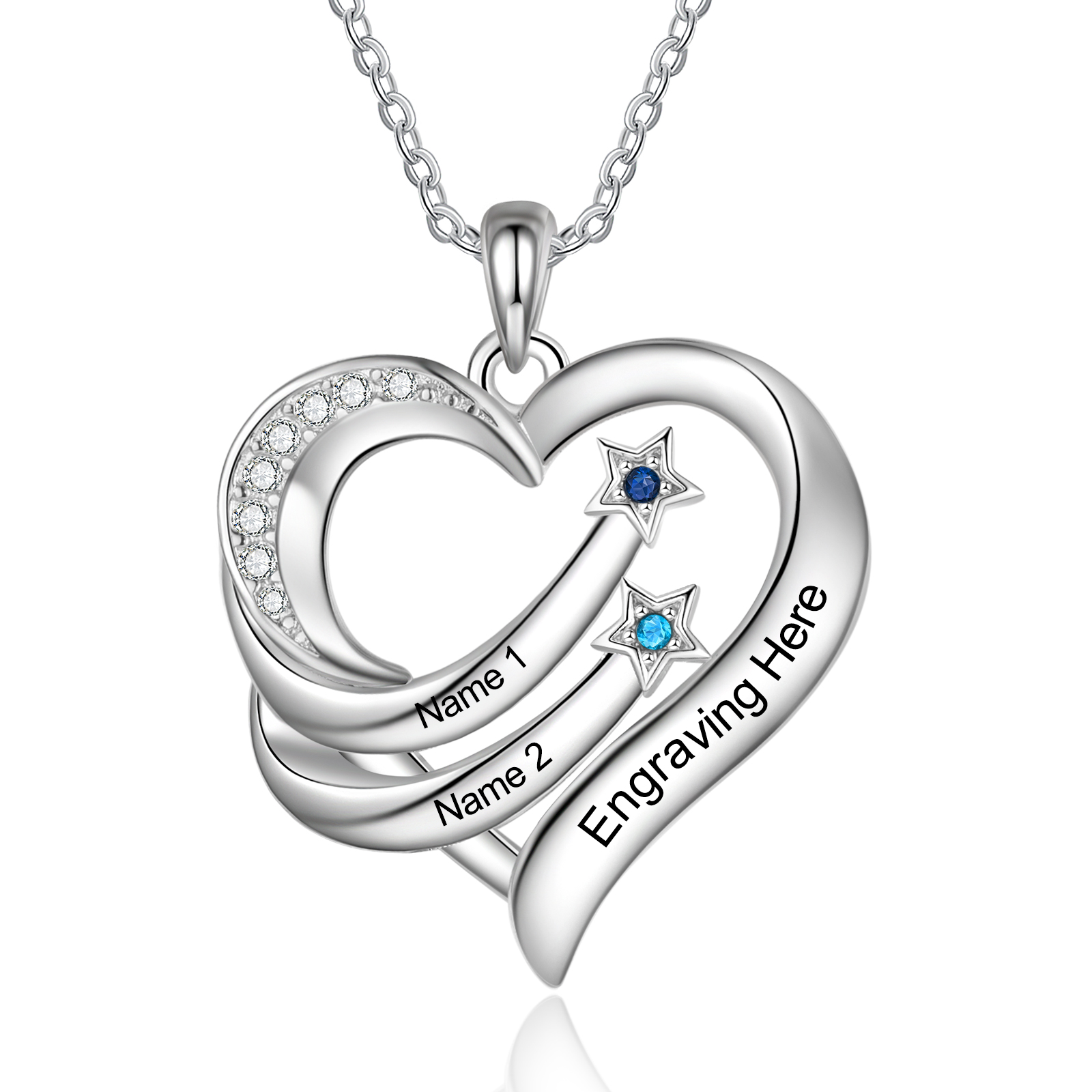 Personalised Moon Star Heart Women's Necklace Custom 2 Birthstones & 2 Names & 1 Text Gift for Her-Jessemade AU