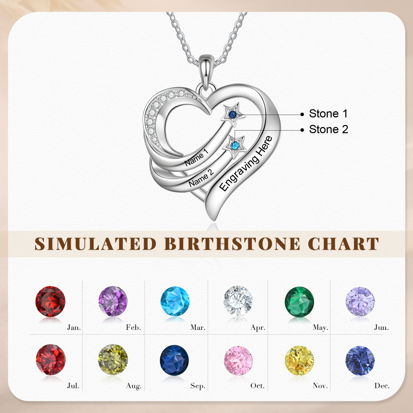 Personalised Moon Star Heart Women's Necklace Custom 2 Birthstones & 2 Names & 1 Text Gift for Her-Jessemade AU
