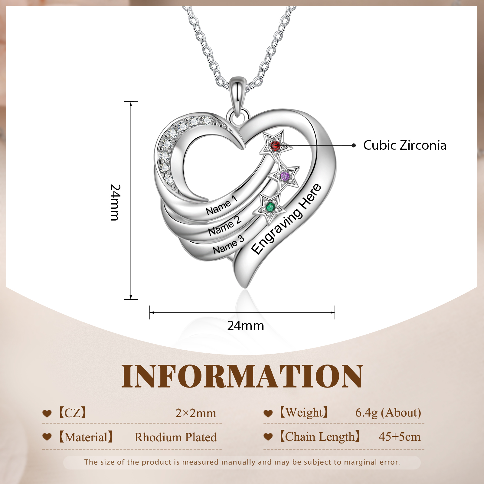 Personalised Moon Star Heart Women's Necklace Custom 3 Birthstones & 3 Names & 1 Text Gift for Her-Jessemade AU