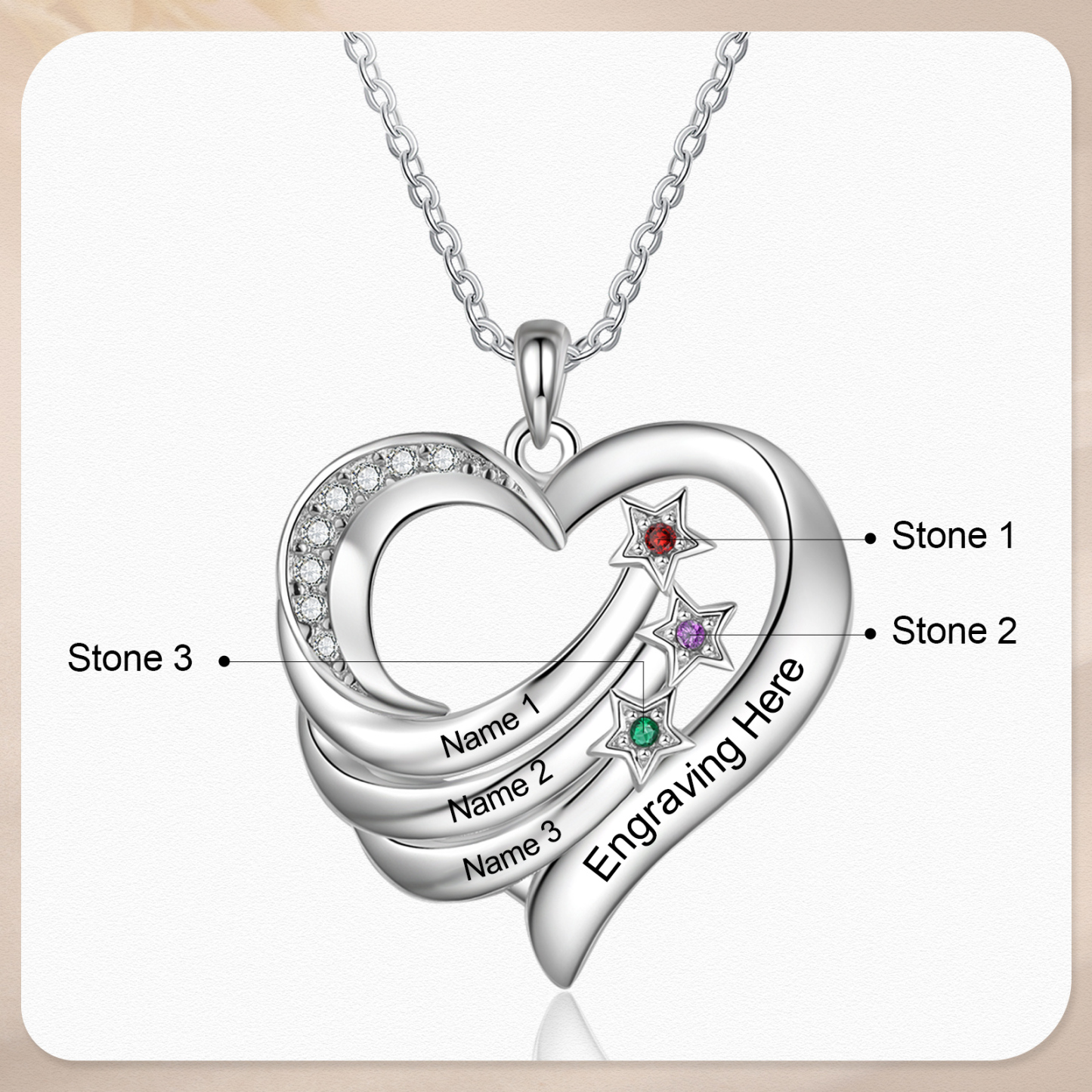 Personalised Moon Star Heart Women's Necklace Custom 3 Birthstones & 3 Names & 1 Text Gift for Her-Jessemade AU