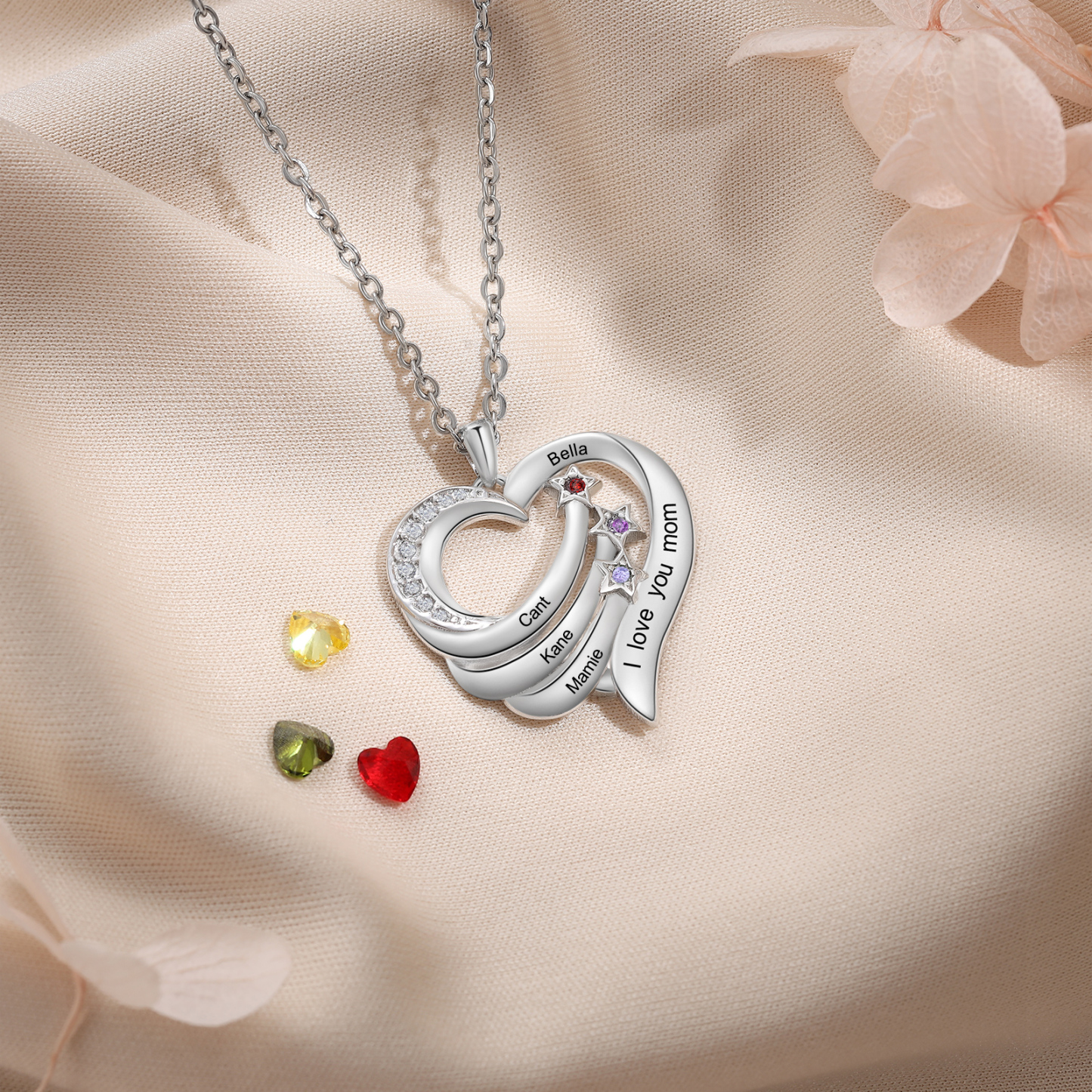 Personalised Moon Star Heart Women's Necklace Custom 3 Birthstones & 3 Names & 1 Text Gift for Her-Jessemade AU