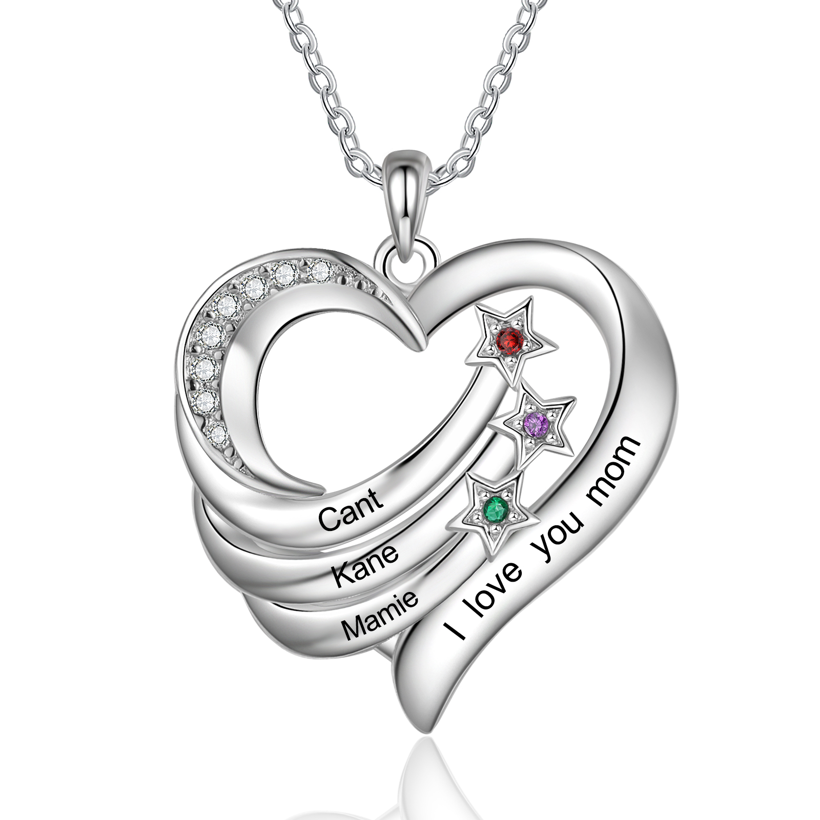 Personalised Moon Star Heart Women's Necklace Custom 3 Birthstones & 3 Names & 1 Text Gift for Her-Jessemade AU