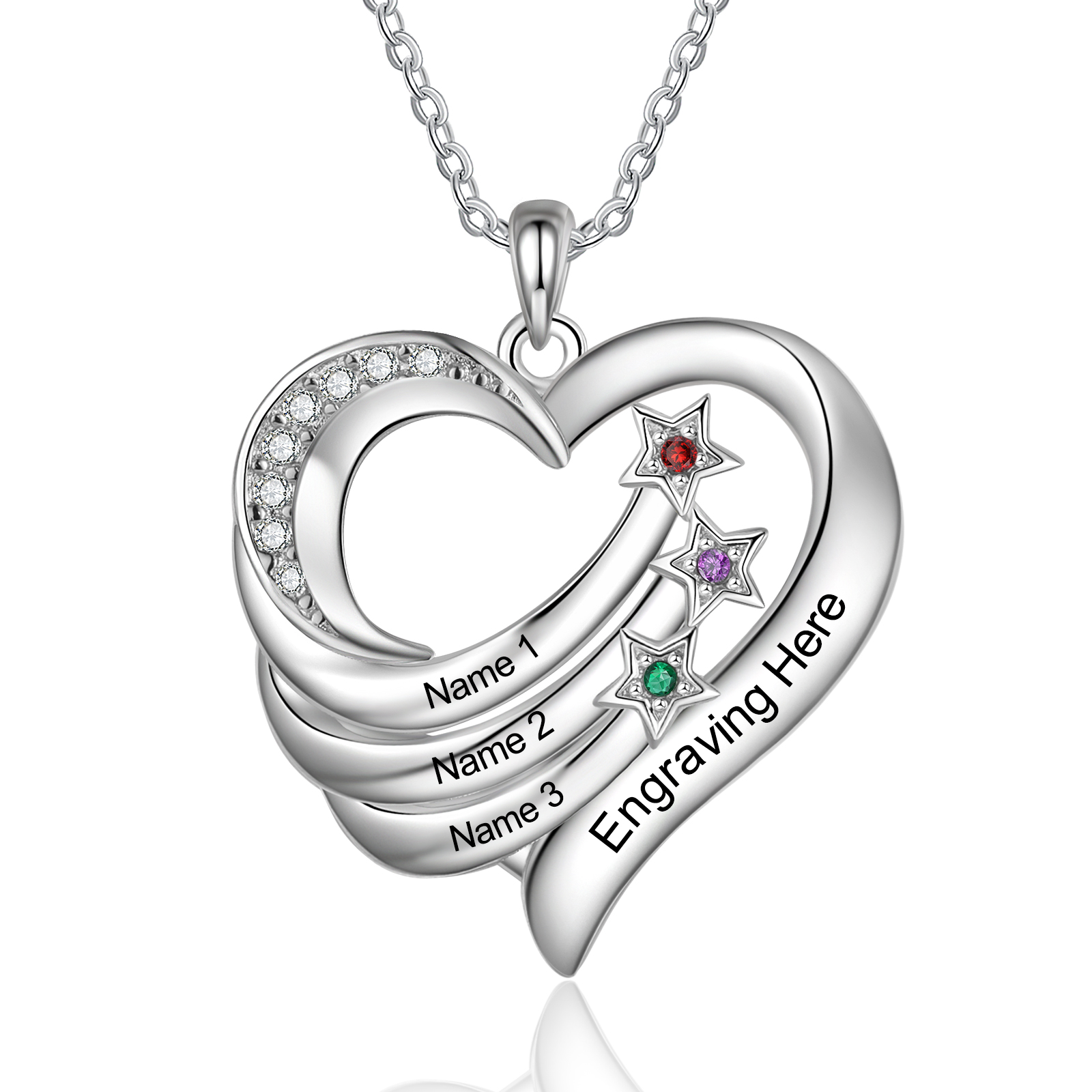 Personalised Moon Star Heart Women's Necklace Custom 3 Birthstones & 3 Names & 1 Text Gift for Her-Jessemade AU