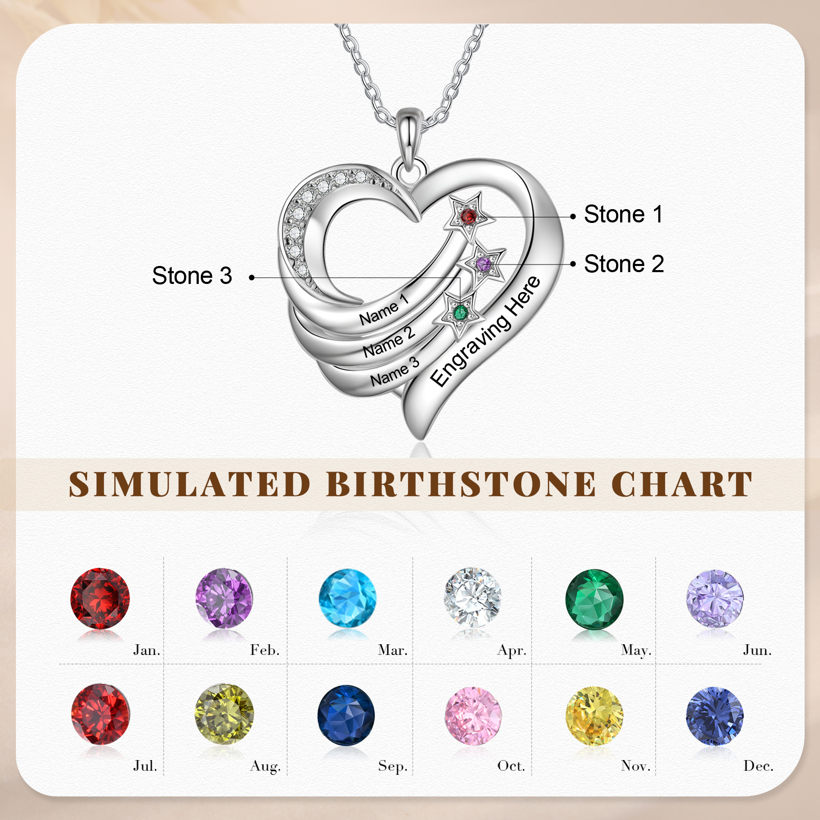 Personalised Moon Star Heart Women's Necklace Custom 3 Birthstones & 3 Names & 1 Text Gift for Her-Jessemade AU