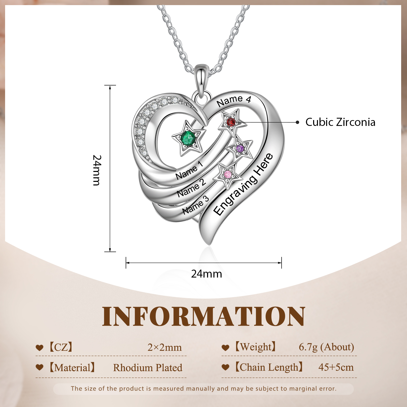 Personalised Moon Star Heart Women's Necklace Custom 4 Birthstones & 4 Names & 1 Text Gift for Her-Jessemade AU