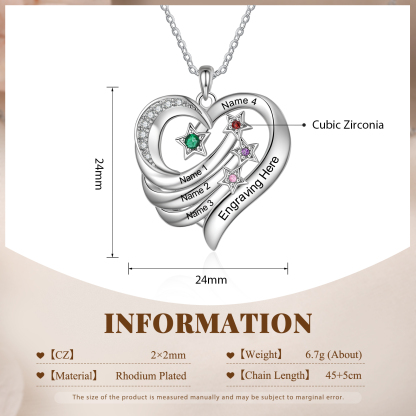 Personalised Moon Star Heart Women's Necklace Custom 4 Birthstones & 4 Names & 1 Text Gift for Her-Jessemade AU