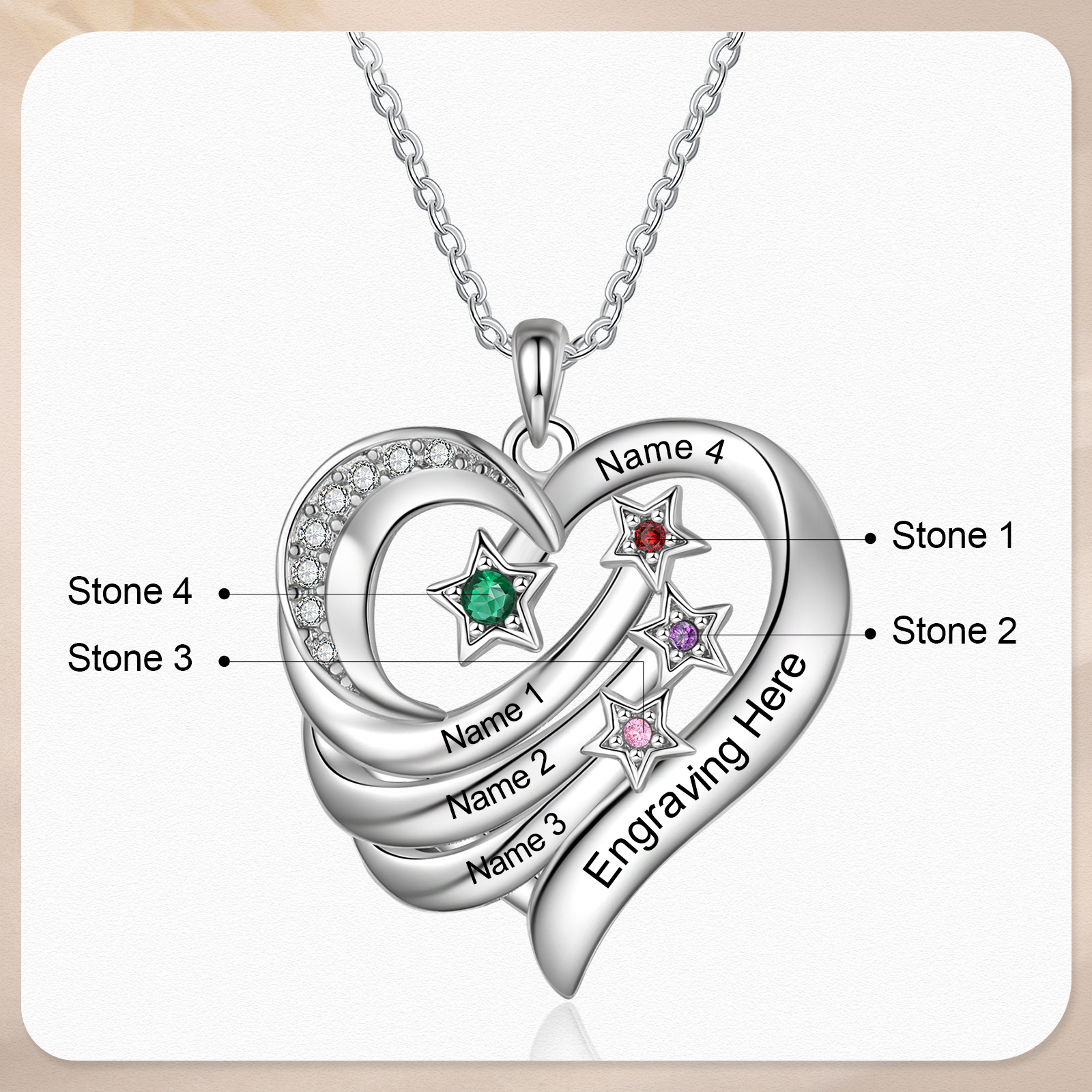 Personalised Moon Star Heart Women's Necklace Custom 4 Birthstones & 4 Names & 1 Text Gift for Her-Jessemade AU