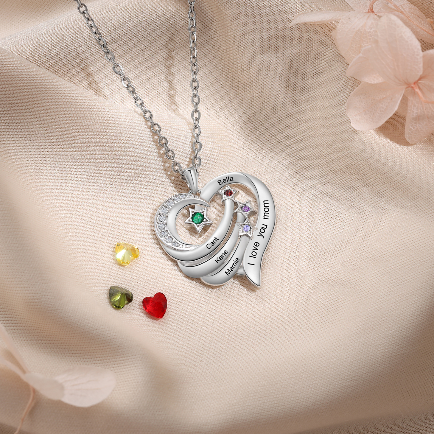 Personalised Moon Star Heart Women's Necklace Custom 4 Birthstones & 4 Names & 1 Text Gift for Her-Jessemade AU